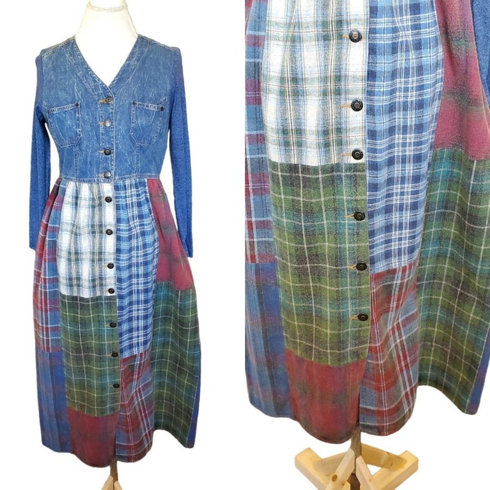 Vintage Blue Denim and Multicolor Plaid Maxi Dress